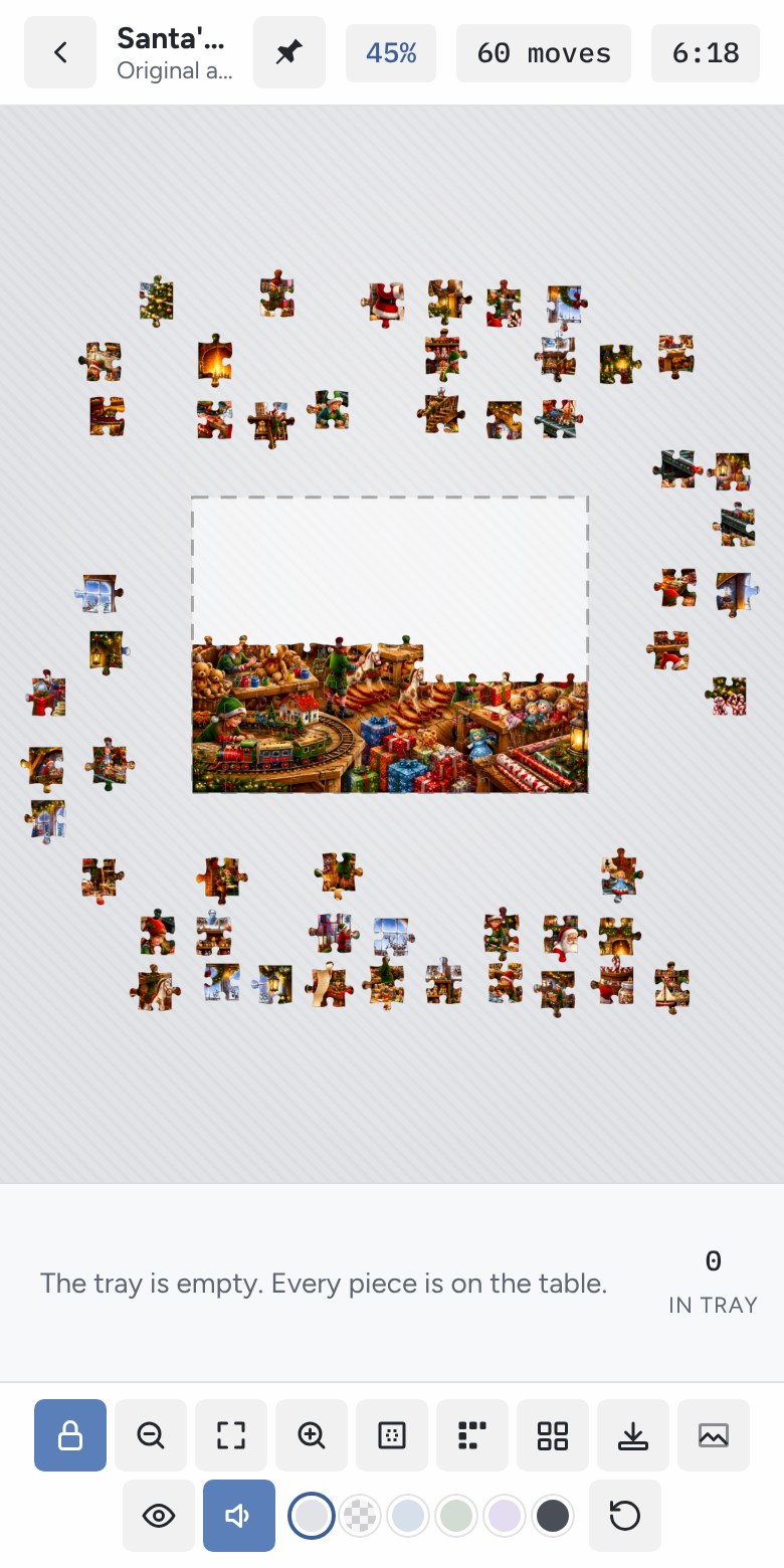 Puzzle Parlor on a phone: a 100-piece Santa's Workshop puzzle in progress